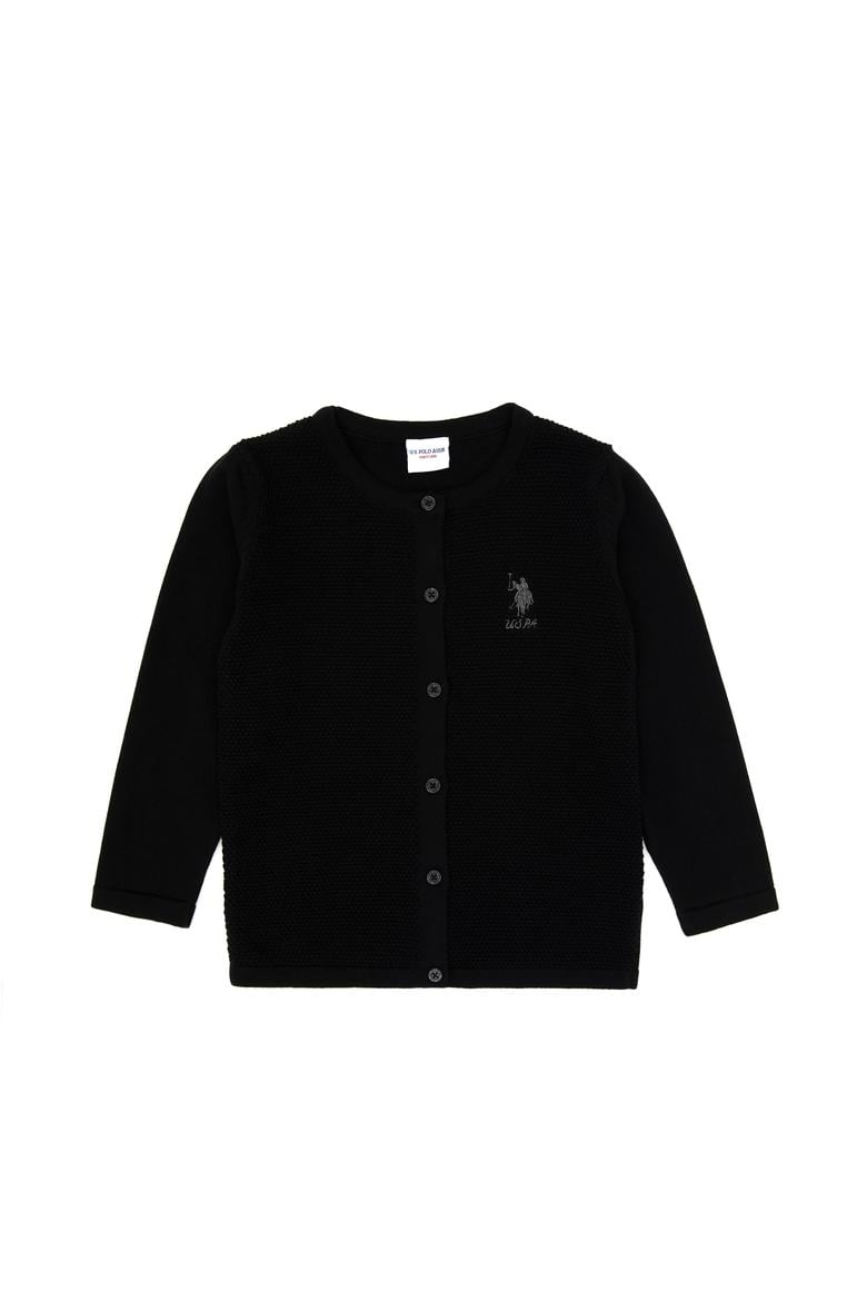 Kız Çocuk Siyah Düğmeli Bisiklet Yaka Triko Hırka - 50316292022