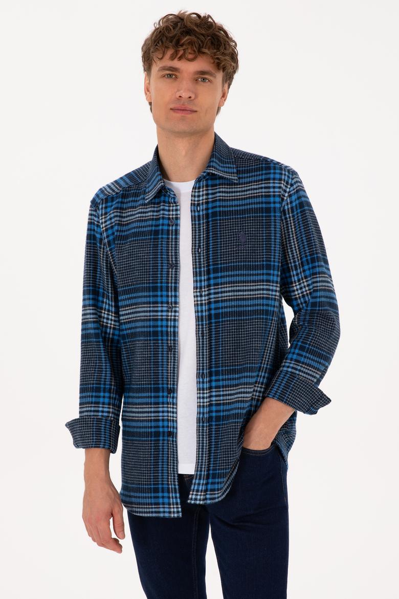 Erkek Mavi Ekoseli Uzun Kollu Siyah Gömlek