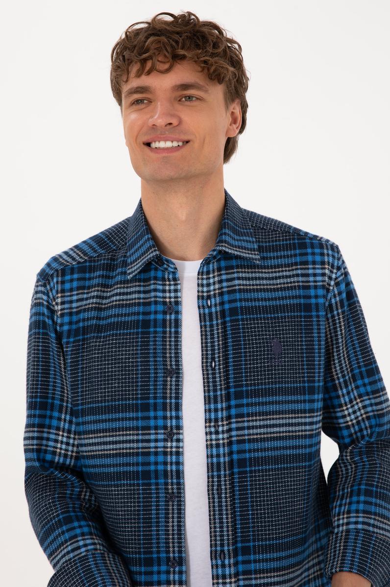 Erkek Mavi Ekoseli Uzun Kollu Siyah Gömlek