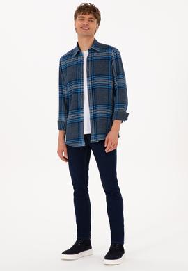 Erkek Mavi Ekoseli Uzun Kollu Siyah Gömlek - 50316632005