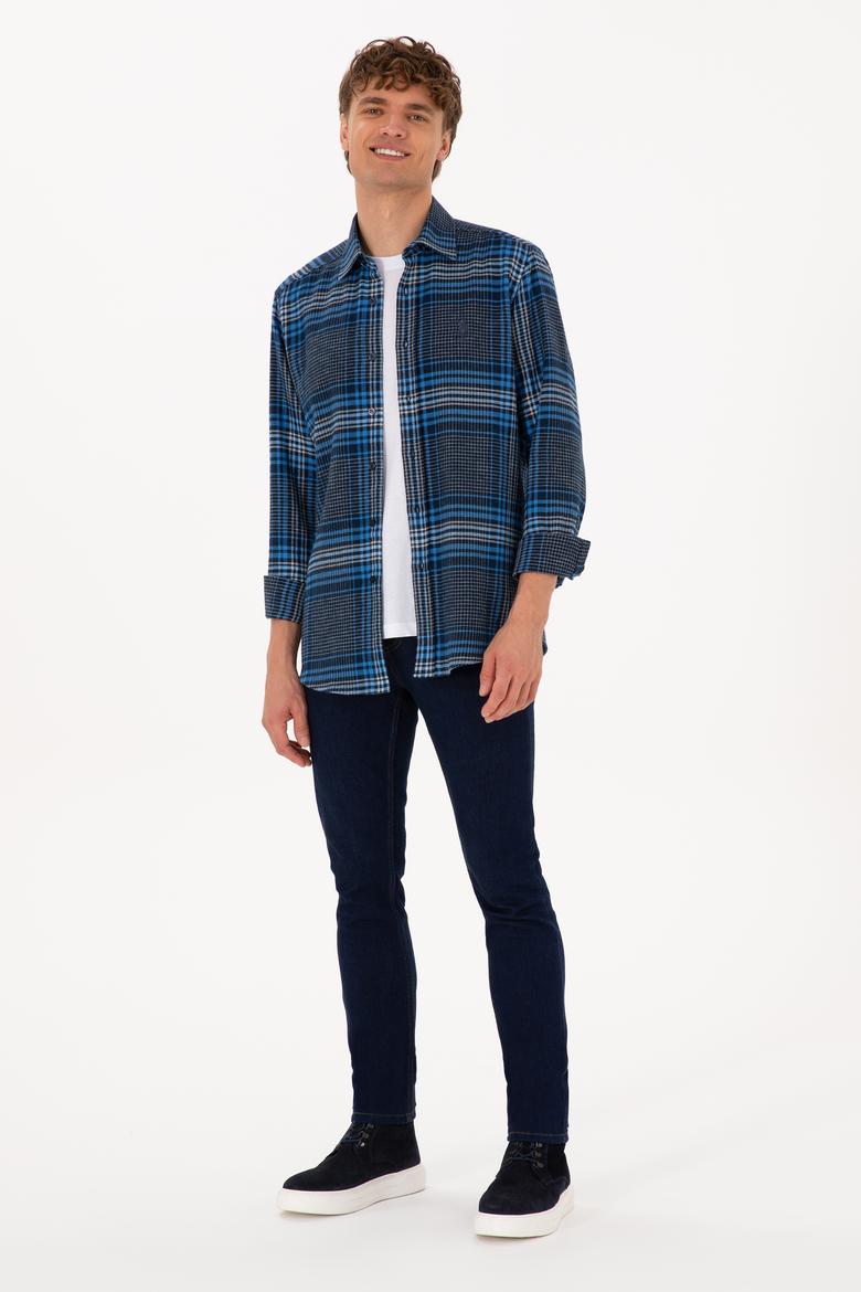 Erkek Mavi Ekoseli Uzun Kollu Siyah Gömlek - 50316632005