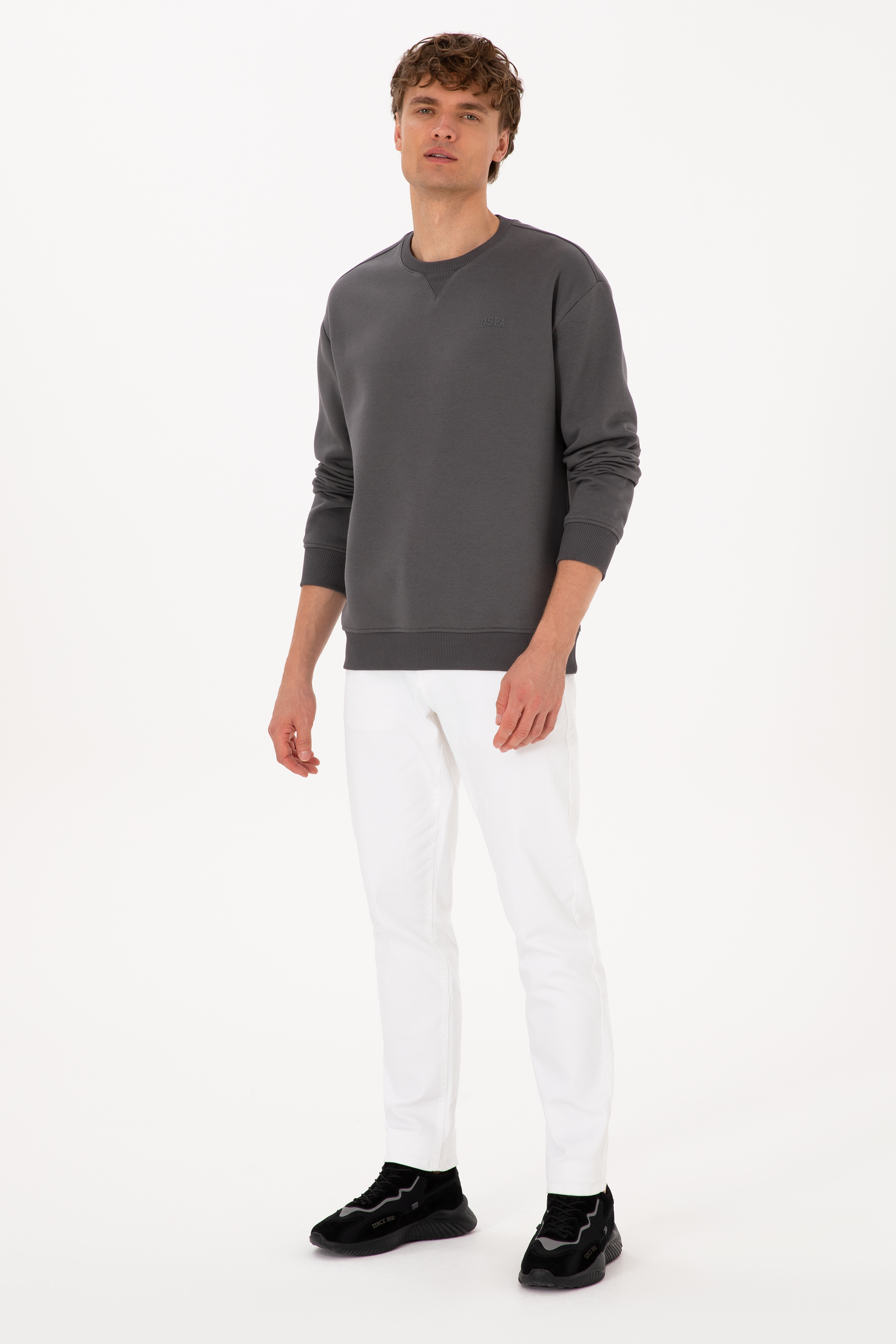 Erkek Comfort Fit Bisiklet Yaka Şardonlu Gri Basic Sweatshirt - Image 4