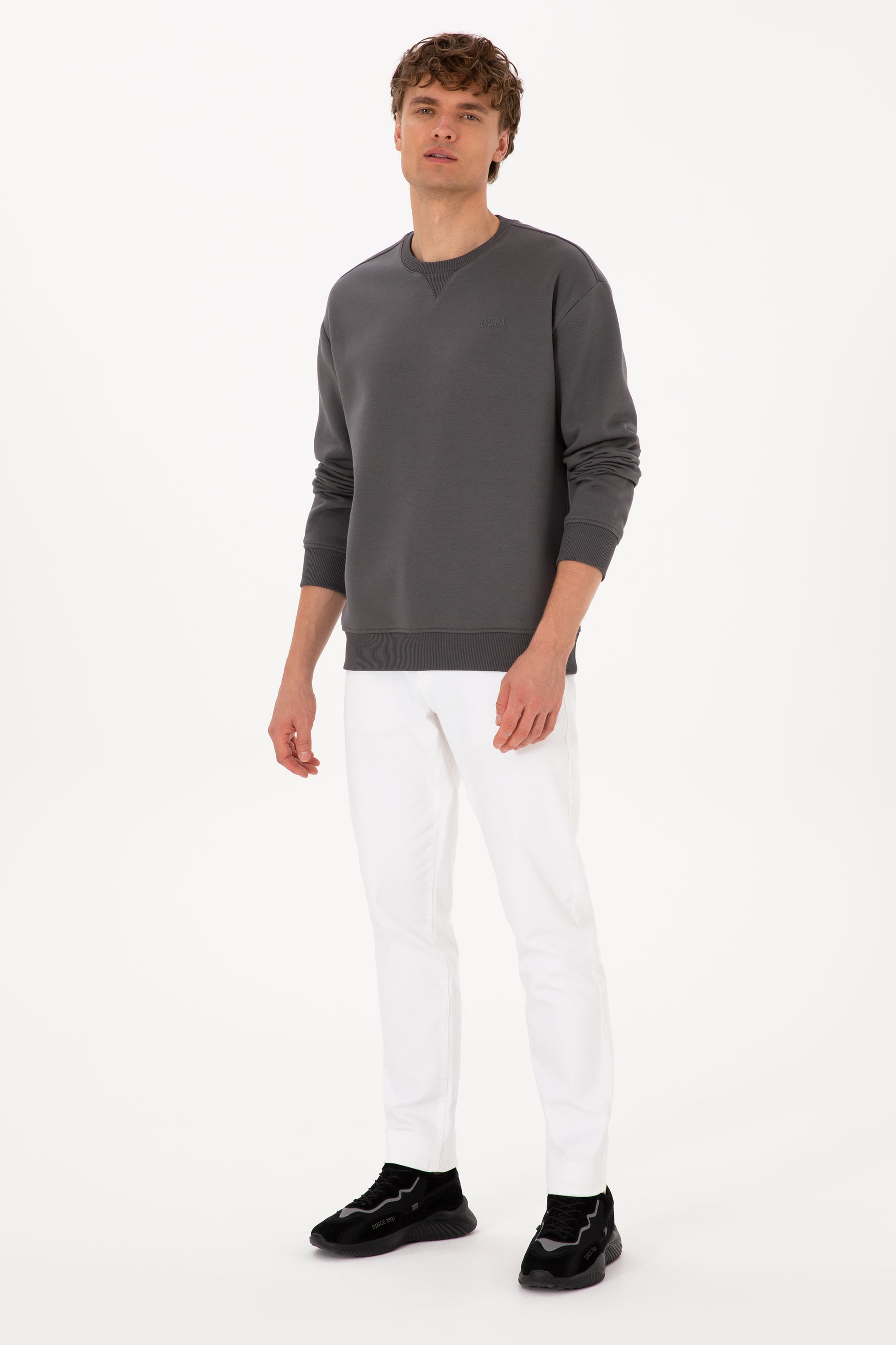 Erkek Comfort Fit Bisiklet Yaka Şardonlu Gri Basic Sweatshirt