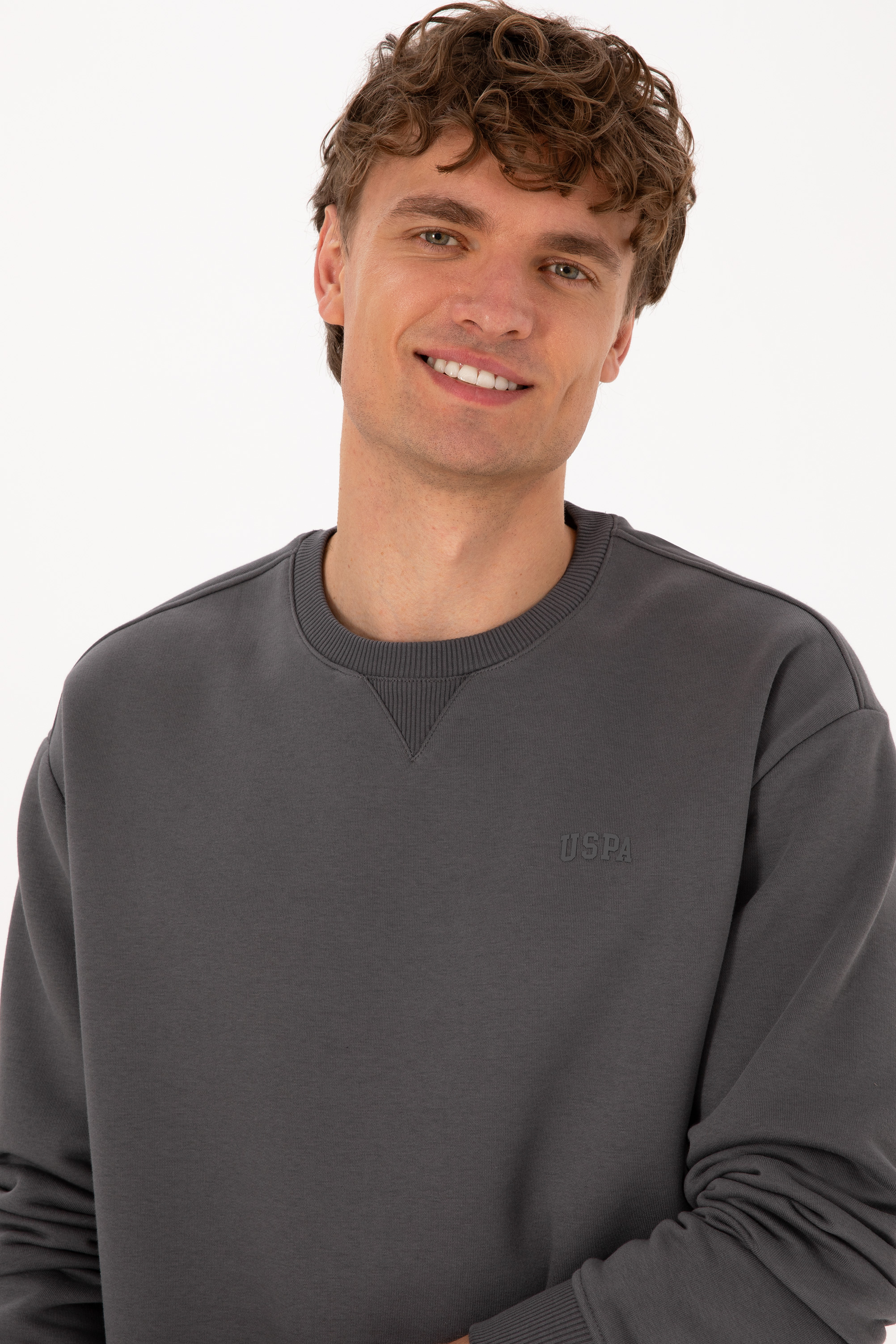 Erkek Comfort Fit Bisiklet Yaka Şardonlu Gri Basic Sweatshirt