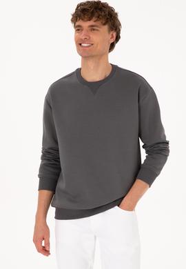 Erkek Comfort Fit Bisiklet Yaka Şardonlu Gri Basic Sweatshirt - 50313757126