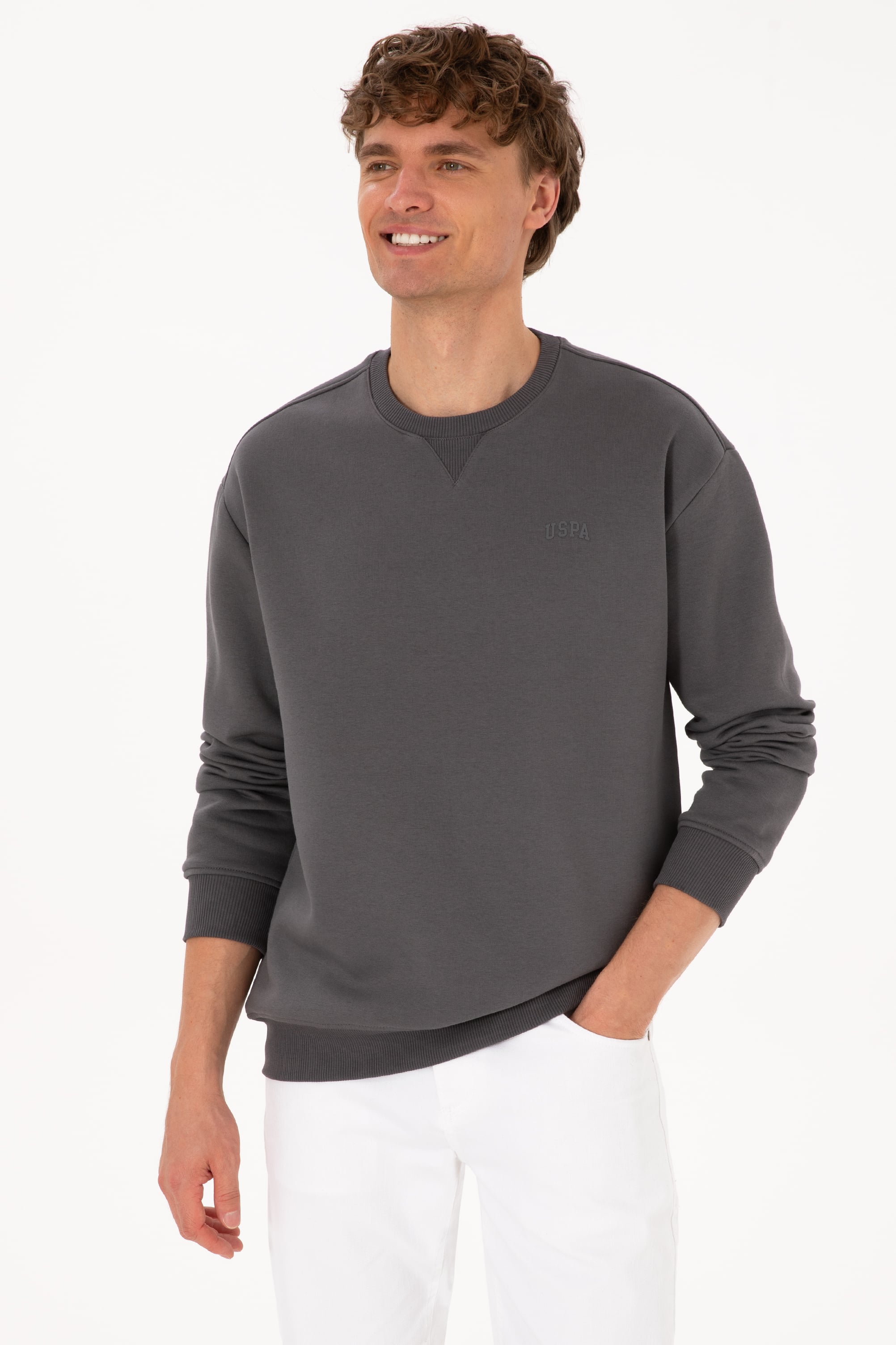 Erkek Comfort Fit Bisiklet Yaka Şardonlu Gri Basic Sweatshirt