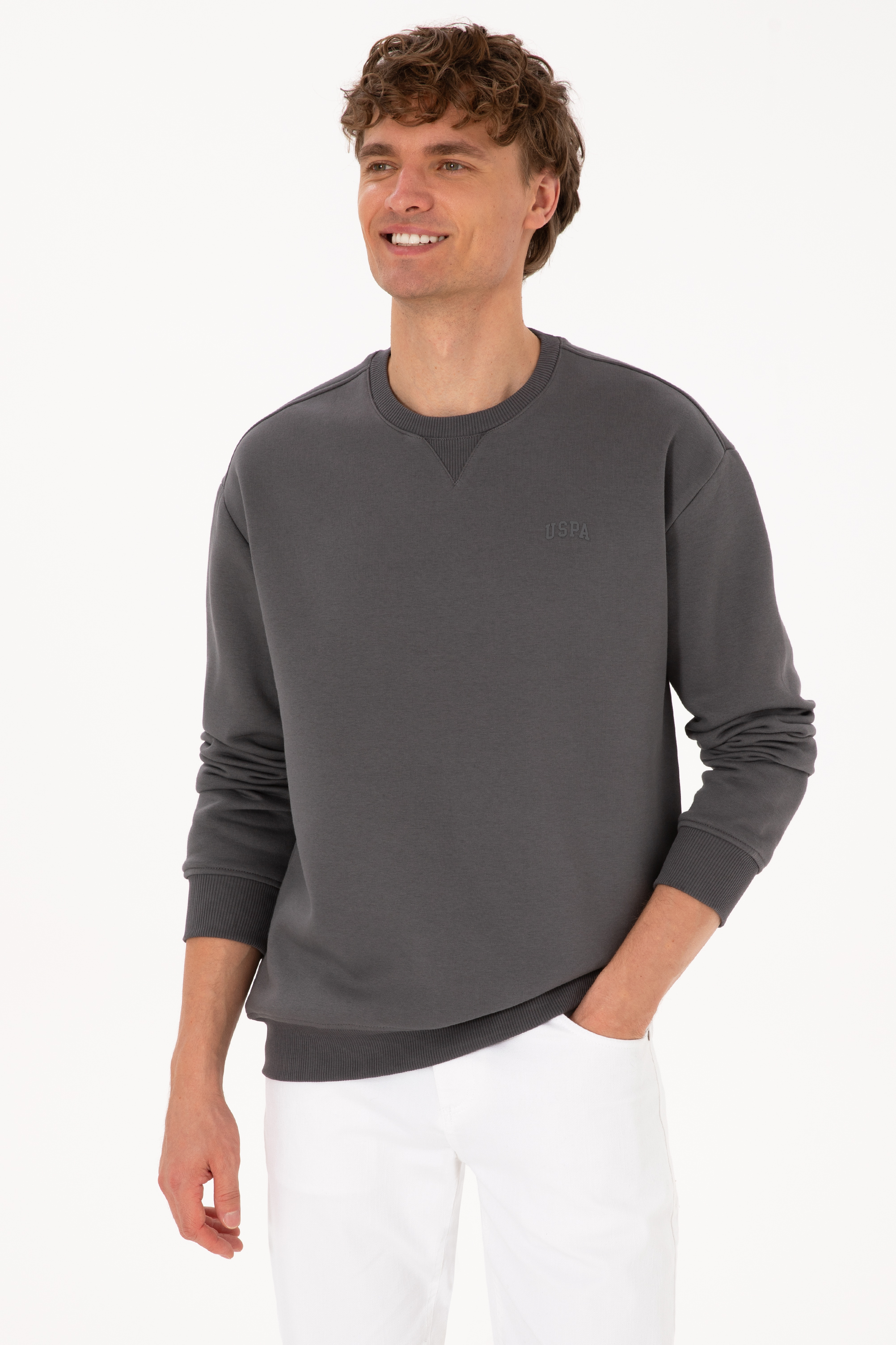 Erkek Comfort Fit Bisiklet Yaka Şardonlu Gri Basic Sweatshirt