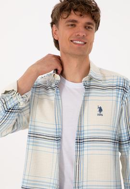Erkek Açık Mavi Ekoseli Uzun Kollu Krem Gömlek - 50316632015