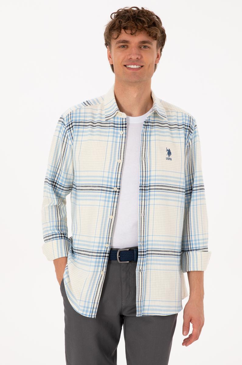Erkek Açık Mavi Ekoseli Uzun Kollu Krem Gömlek