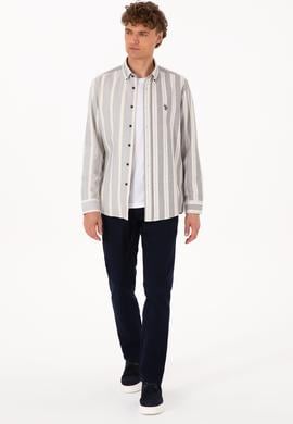 Erkek Krem Çizgili Uzun Kollu Lacivert Gömlek - 50316558006