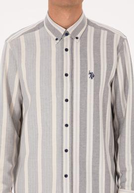 Erkek Krem Çizgili Uzun Kollu Lacivert Gömlek - 50316558006