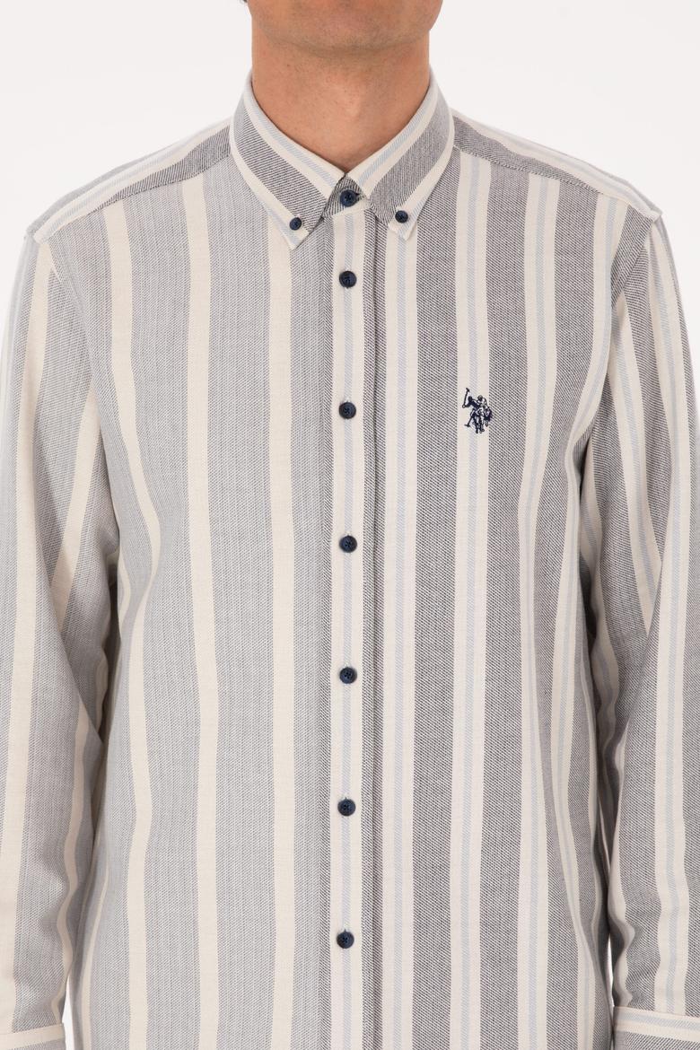 Erkek Krem Çizgili Uzun Kollu Lacivert Gömlek - 50316558006