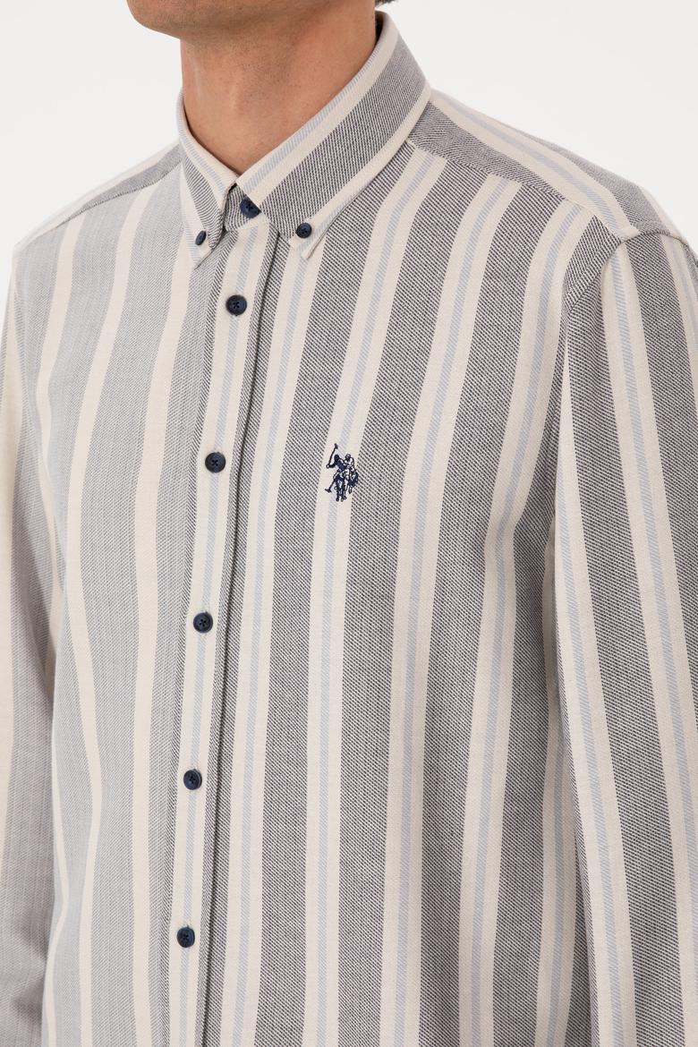 Erkek Krem Çizgili Uzun Kollu Lacivert Gömlek - 50316558006