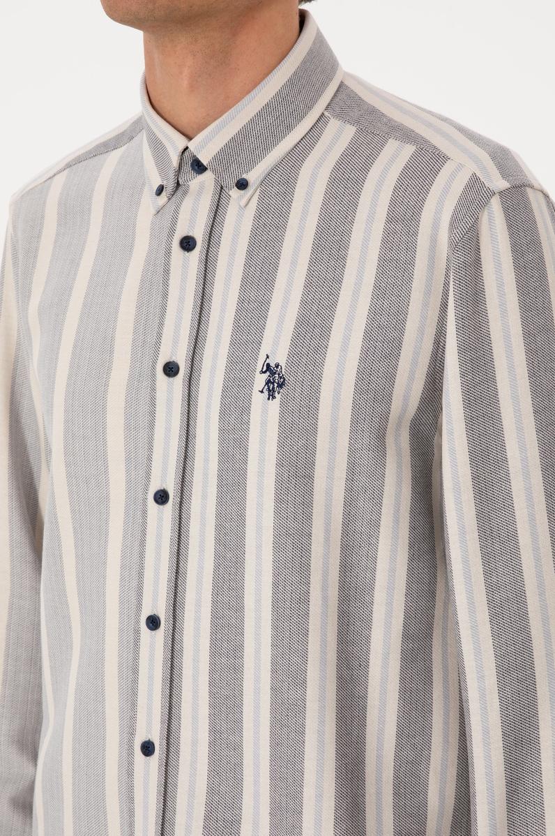 Erkek Krem Çizgili Uzun Kollu Lacivert Gömlek