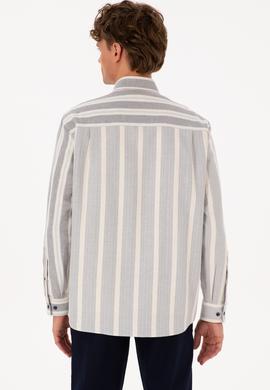 Erkek Krem Çizgili Uzun Kollu Lacivert Gömlek - 50316558006