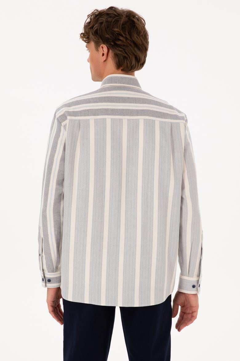 Erkek Krem Çizgili Uzun Kollu Lacivert Gömlek - 50316558006