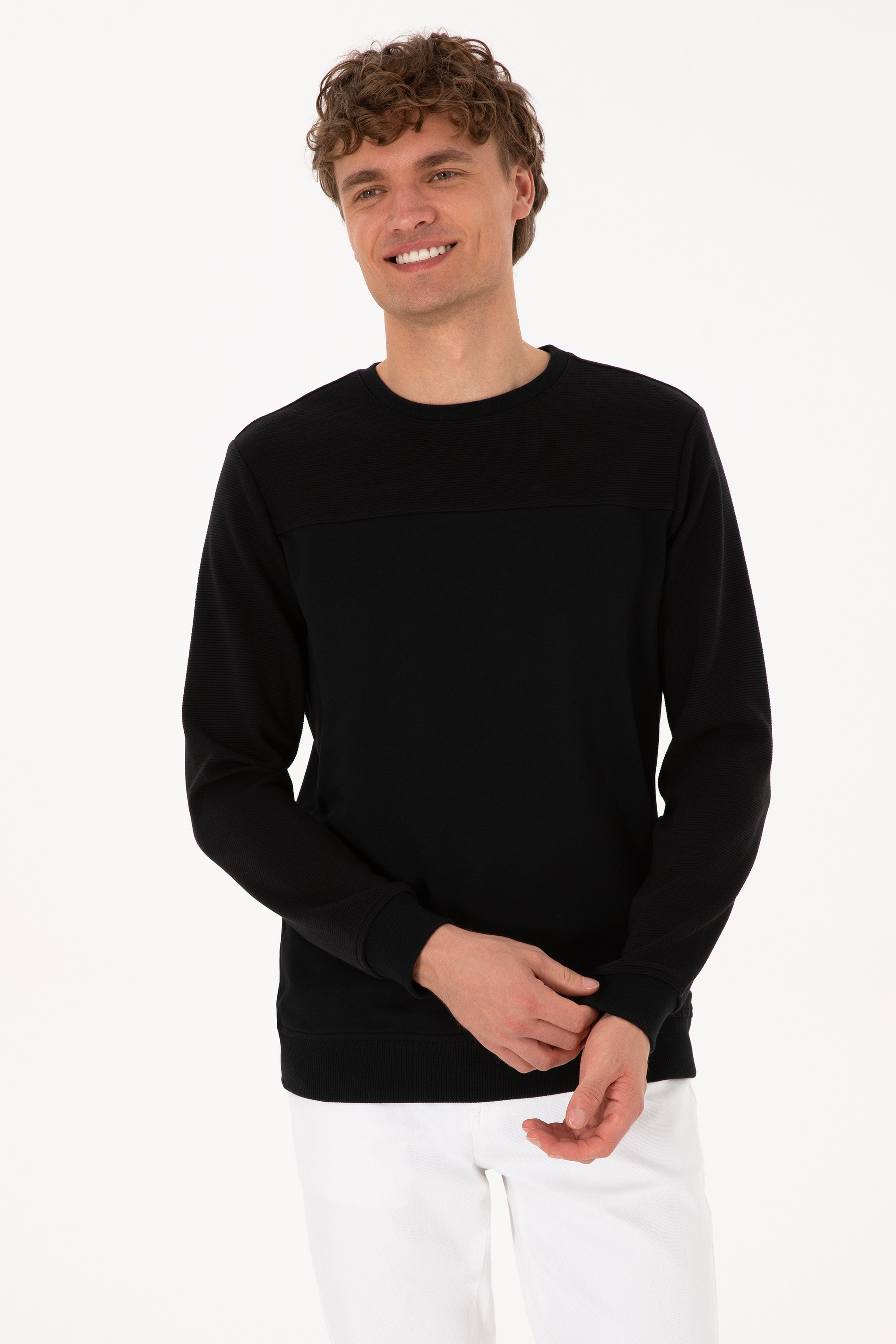 Erkek Bisiklet Yaka Regular Fit Siyah İnce Sweatshirt