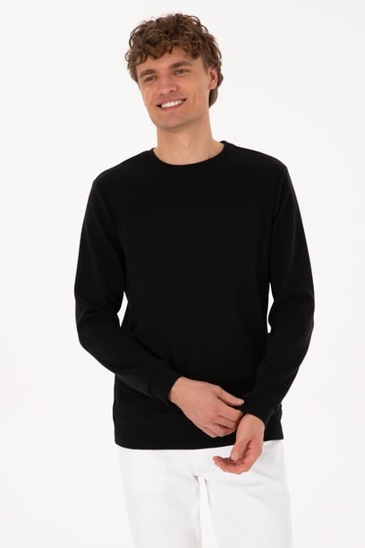Erkek Bisiklet Yaka Regular Fit Siyah İnce Sweatshirt