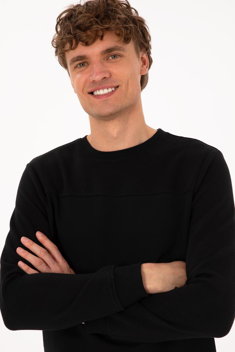 Erkek Bisiklet Yaka Regular Fit Siyah İnce Sweatshirt - 50315455017