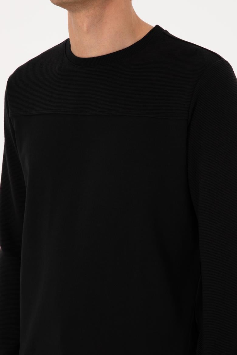 Erkek Bisiklet Yaka Regular Fit Siyah İnce Sweatshirt - 50315455017