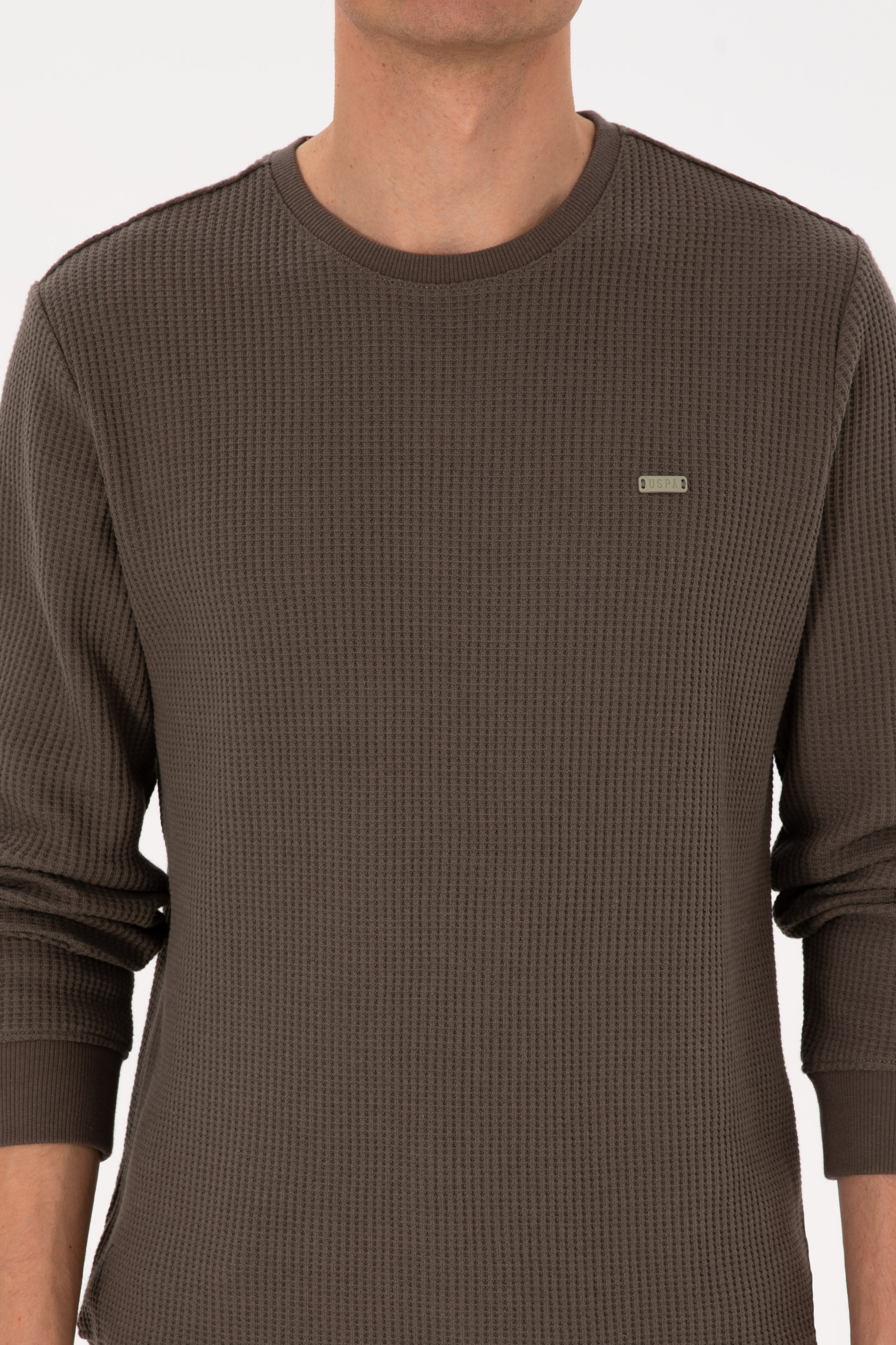 Erkek Bisiklet Yaka Regular Fit Petek Dokulu Vizon Sweatshirt - Image 6