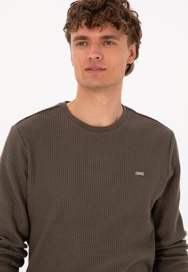 Erkek Bisiklet Yaka Regular Fit Petek Dokulu Vizon Sweatshirt - 50316304019