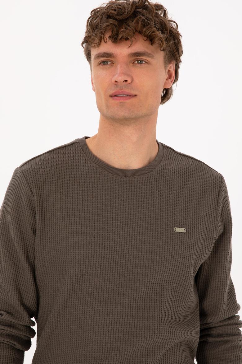 Erkek Bisiklet Yaka Regular Fit Petek Dokulu Vizon Sweatshirt - 50316304019