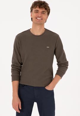 Erkek Bisiklet Yaka Regular Fit Petek Dokulu Vizon Sweatshirt - 50316304019