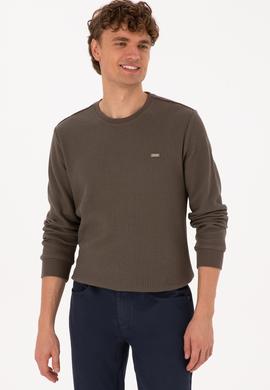 Erkek Bisiklet Yaka Regular Fit Petek Dokulu Vizon Sweatshirt - 50316304019