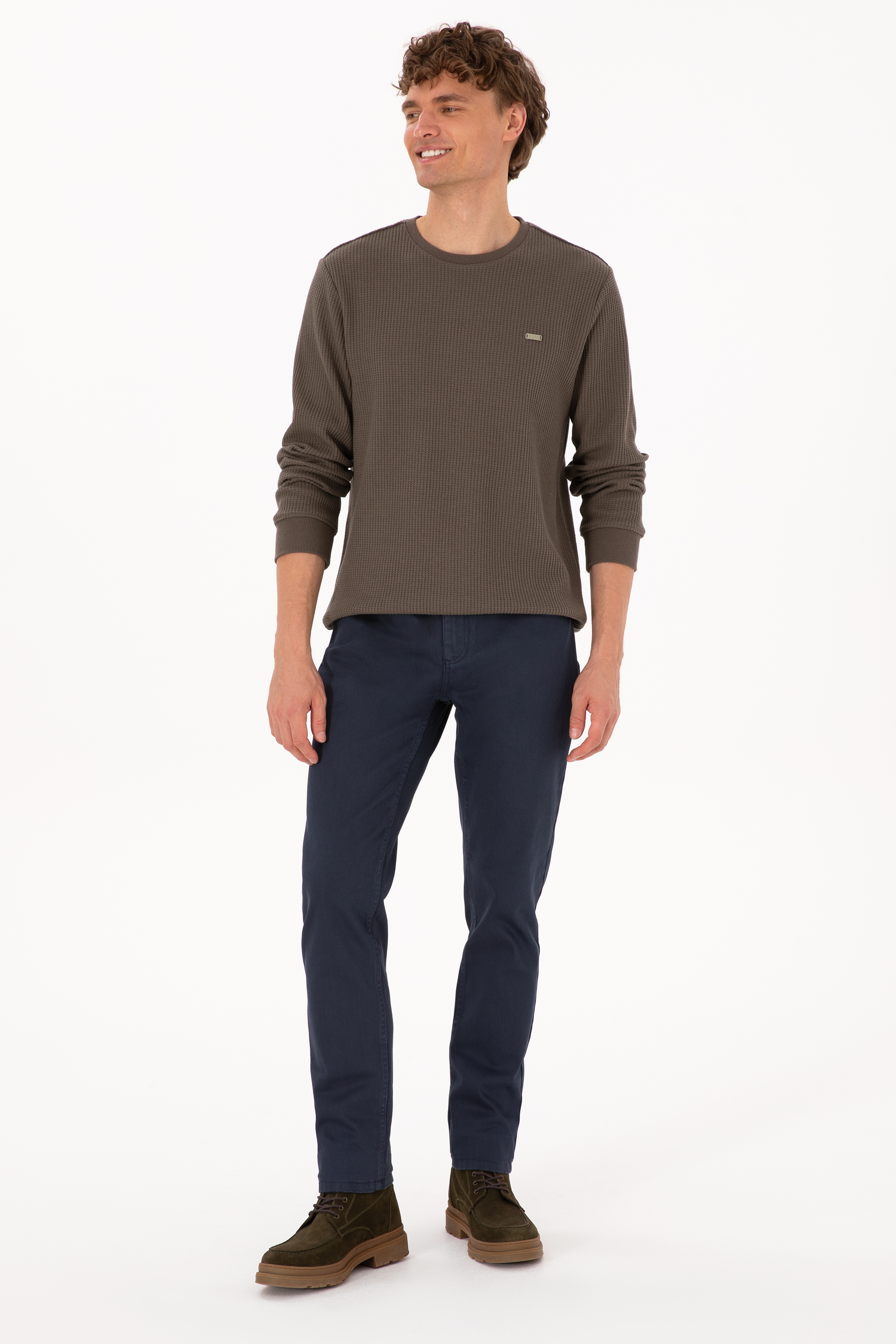 Erkek Bisiklet Yaka Regular Fit Petek Dokulu Vizon Sweatshirt