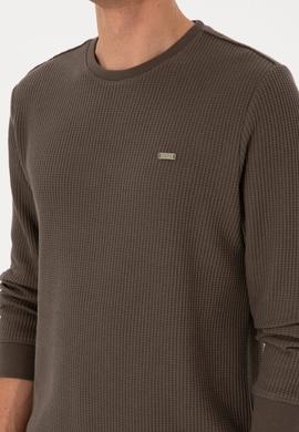 Erkek Bisiklet Yaka Regular Fit Petek Dokulu Vizon Sweatshirt - 50316304019