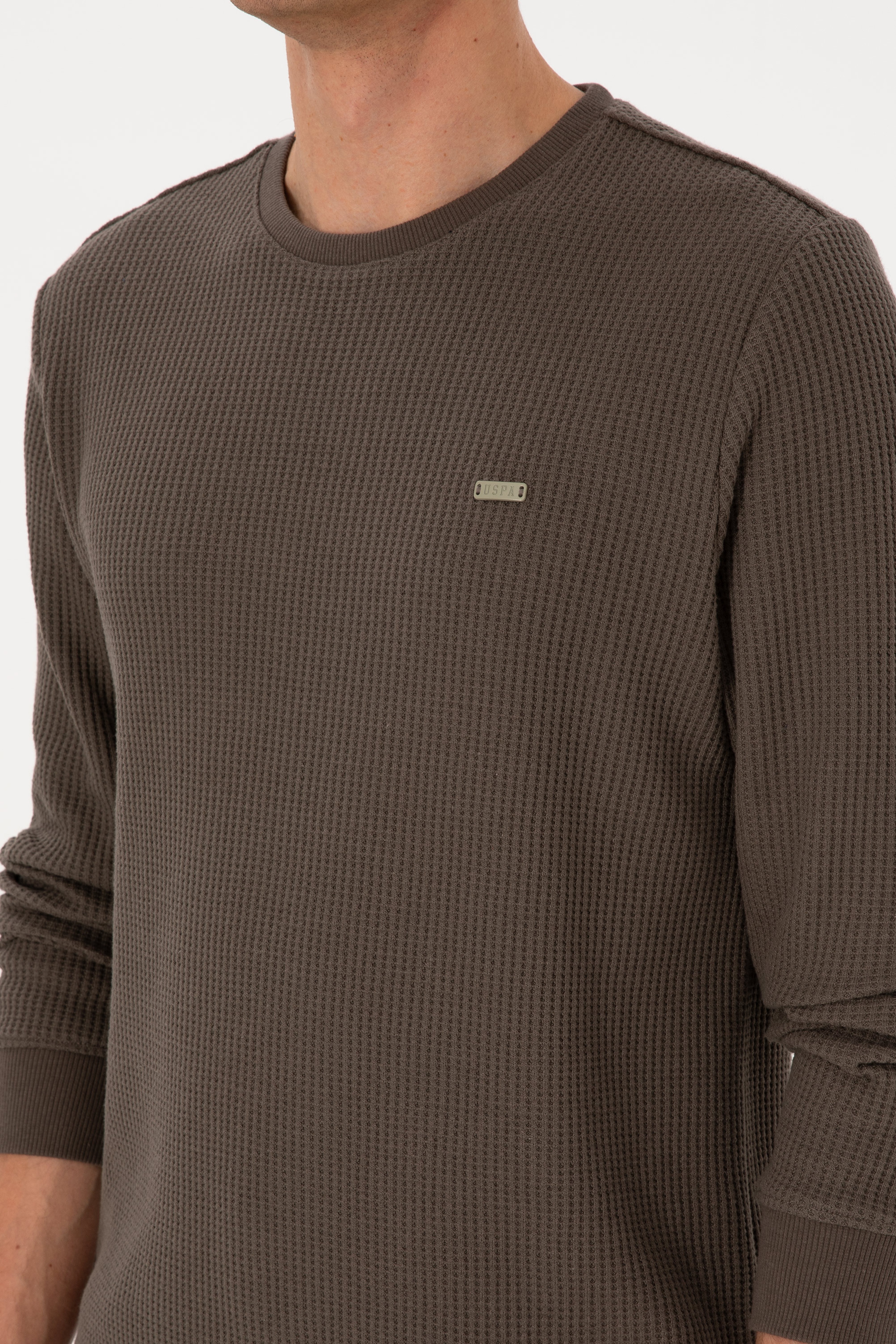 Erkek Bisiklet Yaka Regular Fit Petek Dokulu Vizon Sweatshirt - Image 7