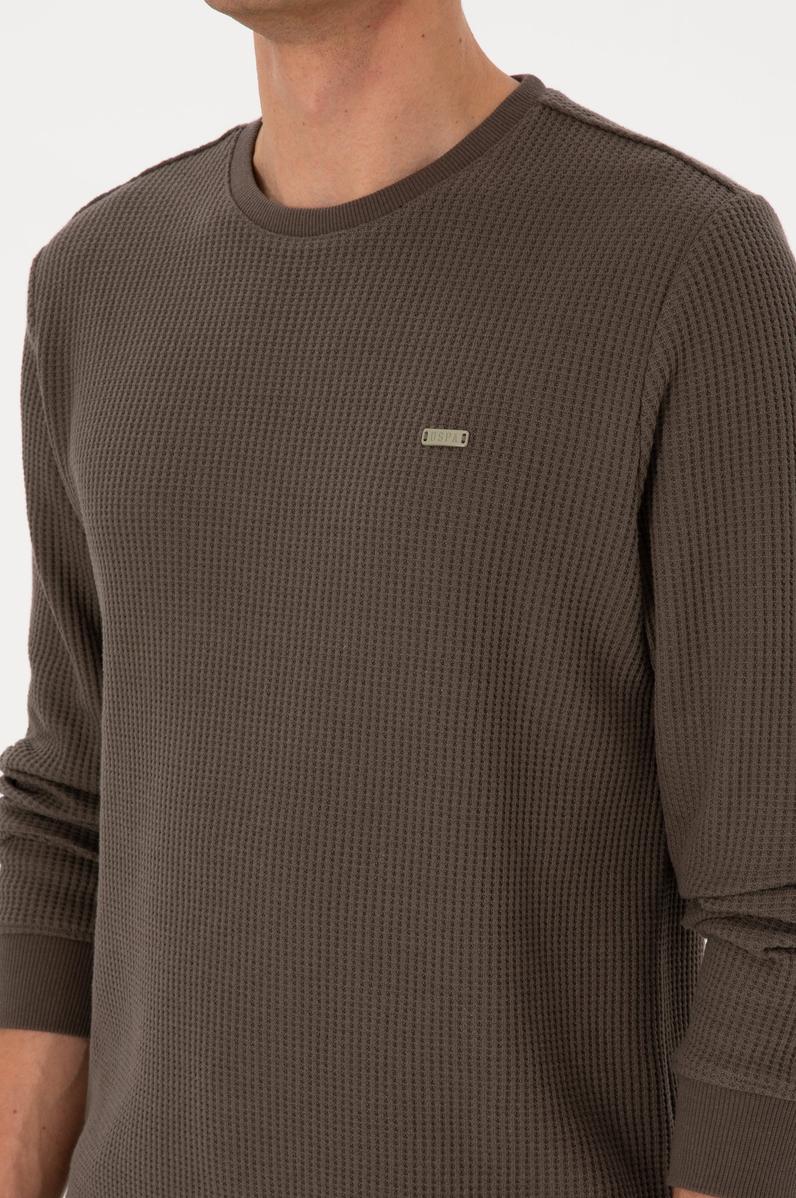 Erkek Bisiklet Yaka Regular Fit Petek Dokulu Vizon Sweatshirt