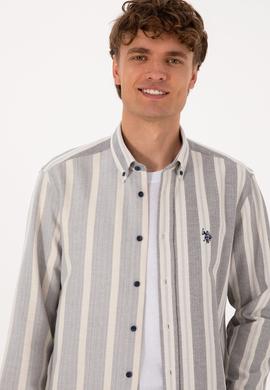 Erkek Krem Çizgili Uzun Kollu Lacivert Gömlek - 50316558006