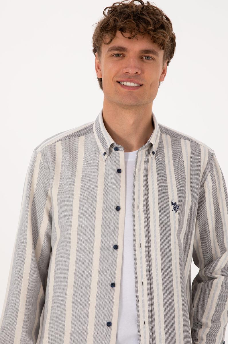 Erkek Krem Çizgili Uzun Kollu Lacivert Gömlek