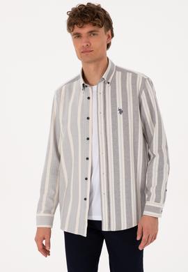 Erkek Krem Çizgili Uzun Kollu Lacivert Gömlek - 50316558006