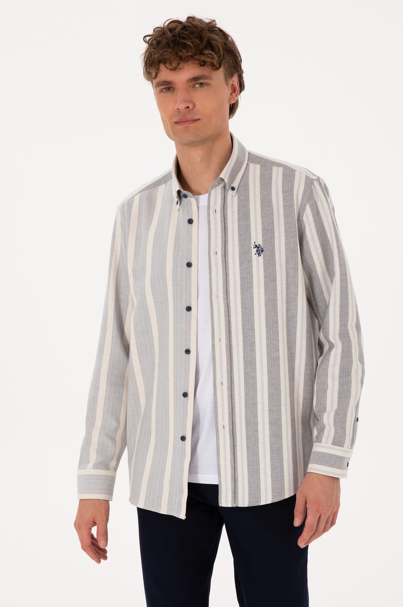 Erkek Krem Çizgili Uzun Kollu Lacivert Gömlek