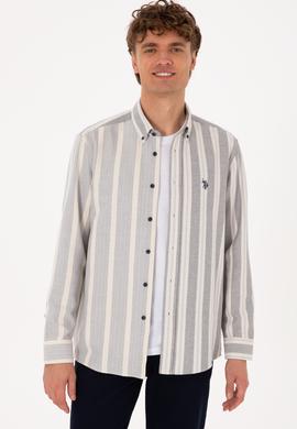 Erkek Krem Çizgili Uzun Kollu Lacivert Gömlek - 50316558006