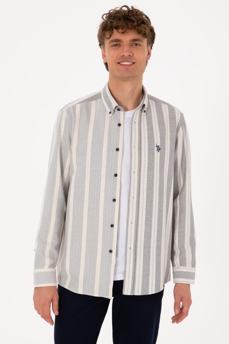 Erkek Krem Çizgili Uzun Kollu Lacivert Gömlek - 50316558006