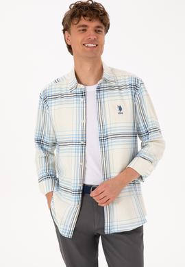 Erkek Açık Mavi Ekoseli Uzun Kollu Krem Gömlek - 50316632015