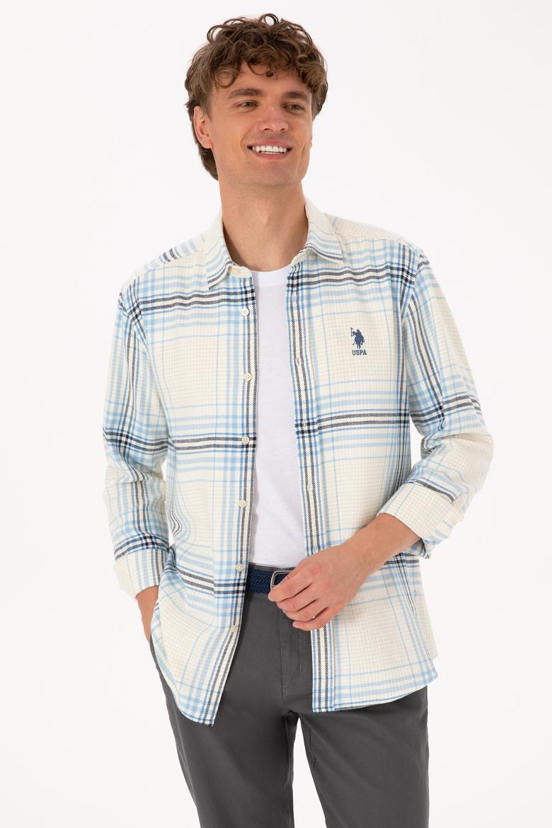 Erkek Açık Mavi Ekoseli Uzun Kollu Krem Gömlek - 50316632015
