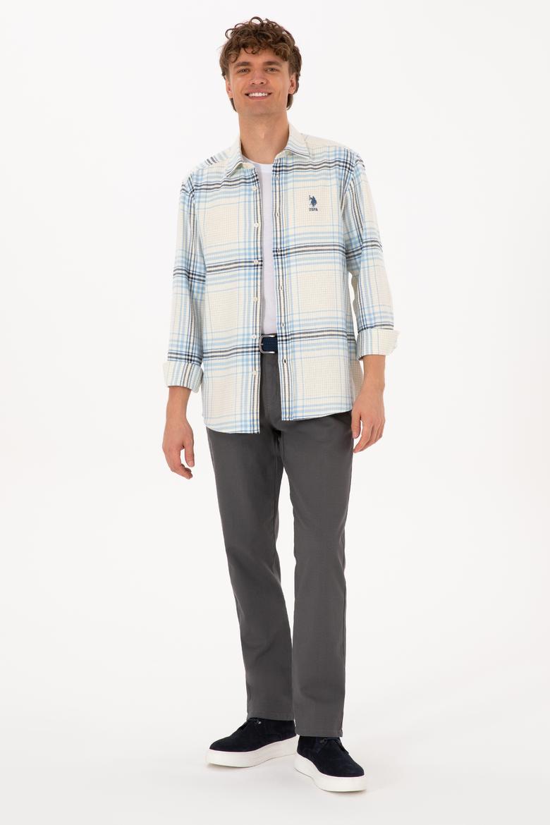 Erkek Açık Mavi Ekoseli Uzun Kollu Krem Gömlek - 50316632015