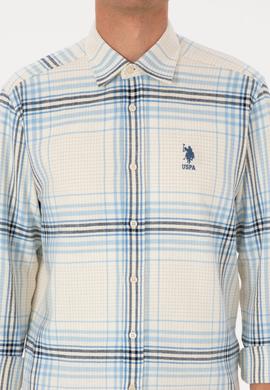 Erkek Açık Mavi Ekoseli Uzun Kollu Krem Gömlek - 50316632015
