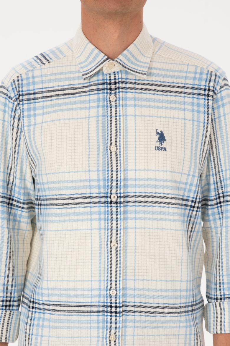 Erkek Açık Mavi Ekoseli Uzun Kollu Krem Gömlek - 50316632015