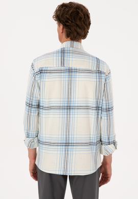 Erkek Açık Mavi Ekoseli Uzun Kollu Krem Gömlek - 50316632015