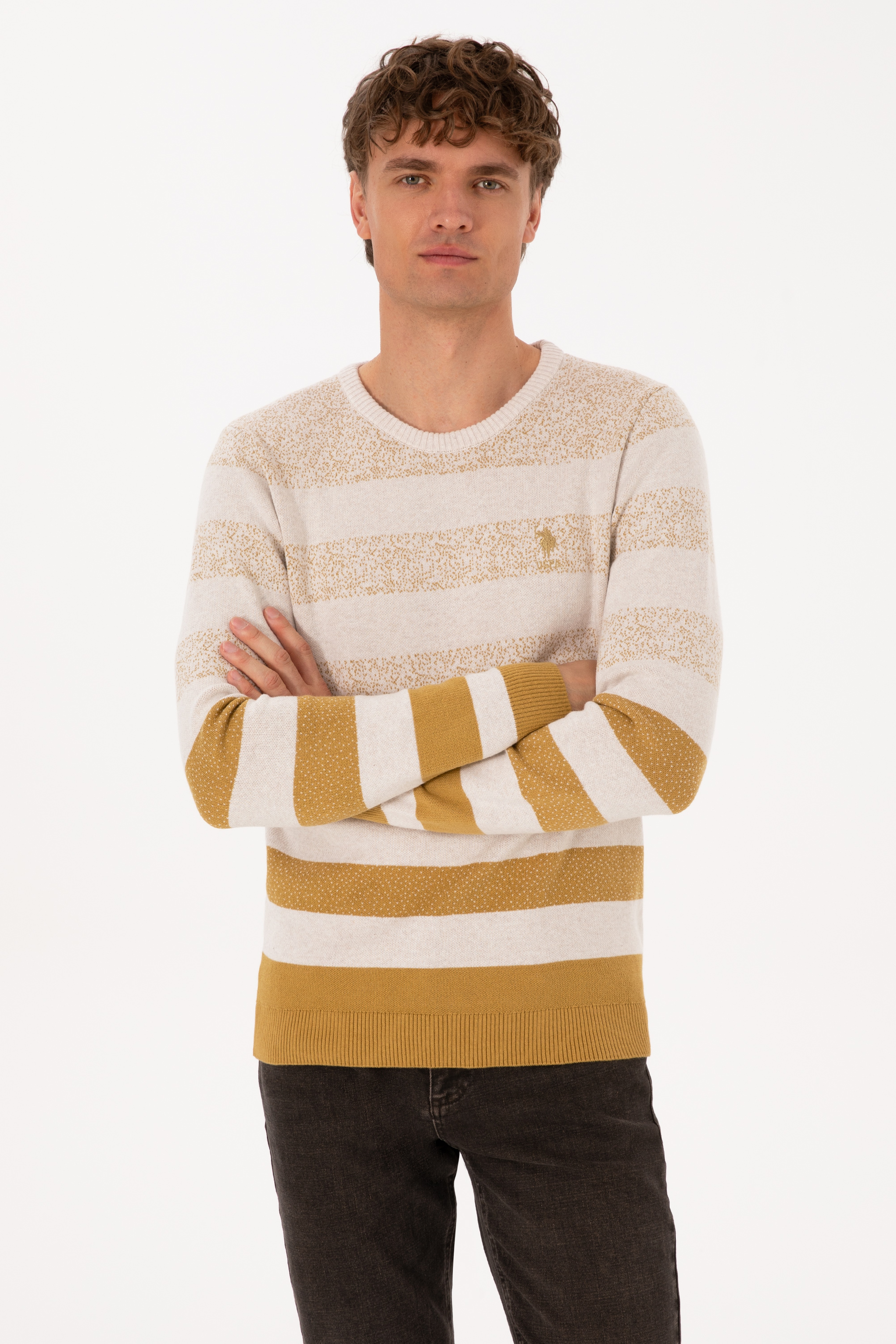 Erkek Regular Fit Bisiklet Yaka Hardal Kazak - Image 3