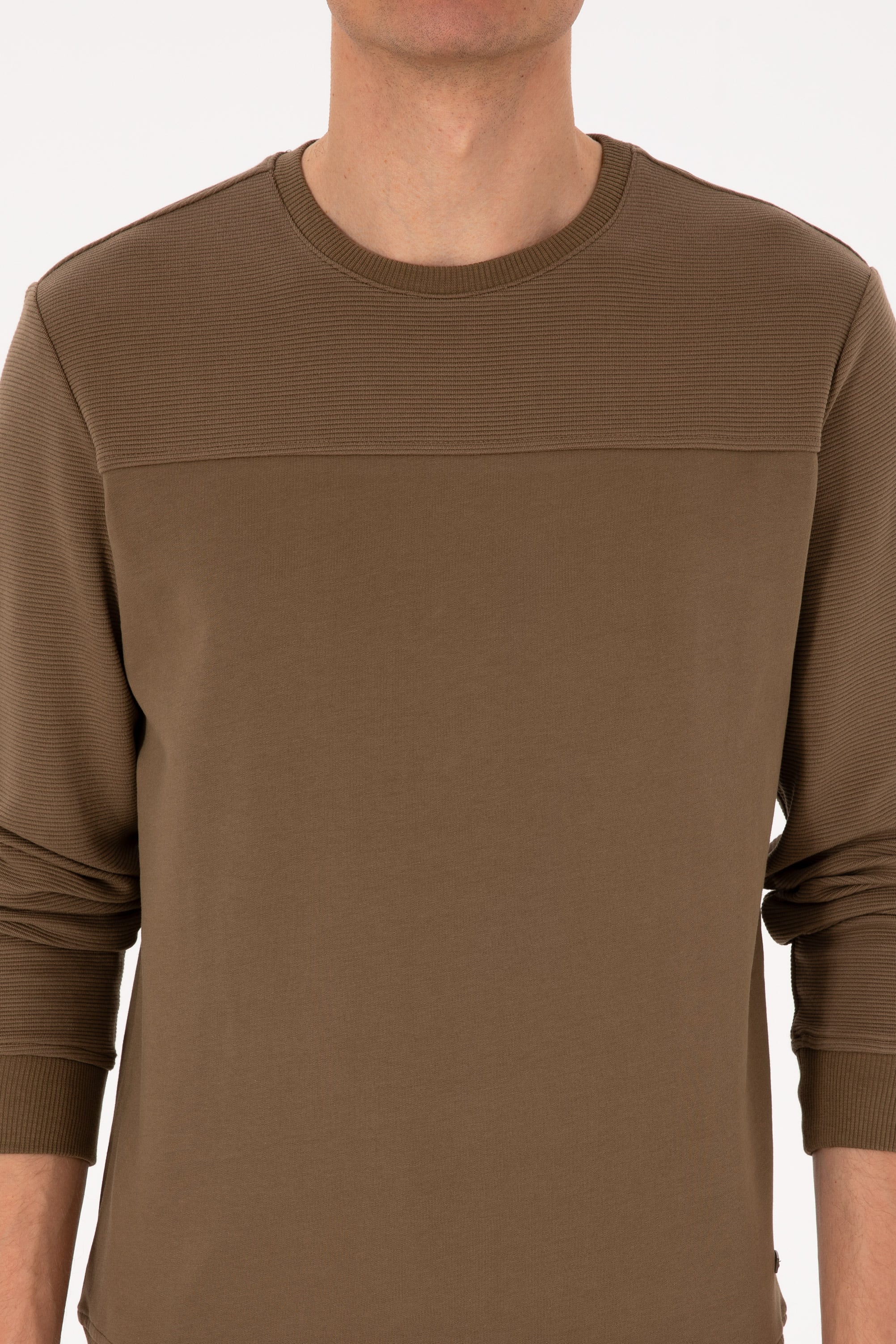Erkek Bisiklet Yaka Regular Fit Haki İnce Sweatshirt