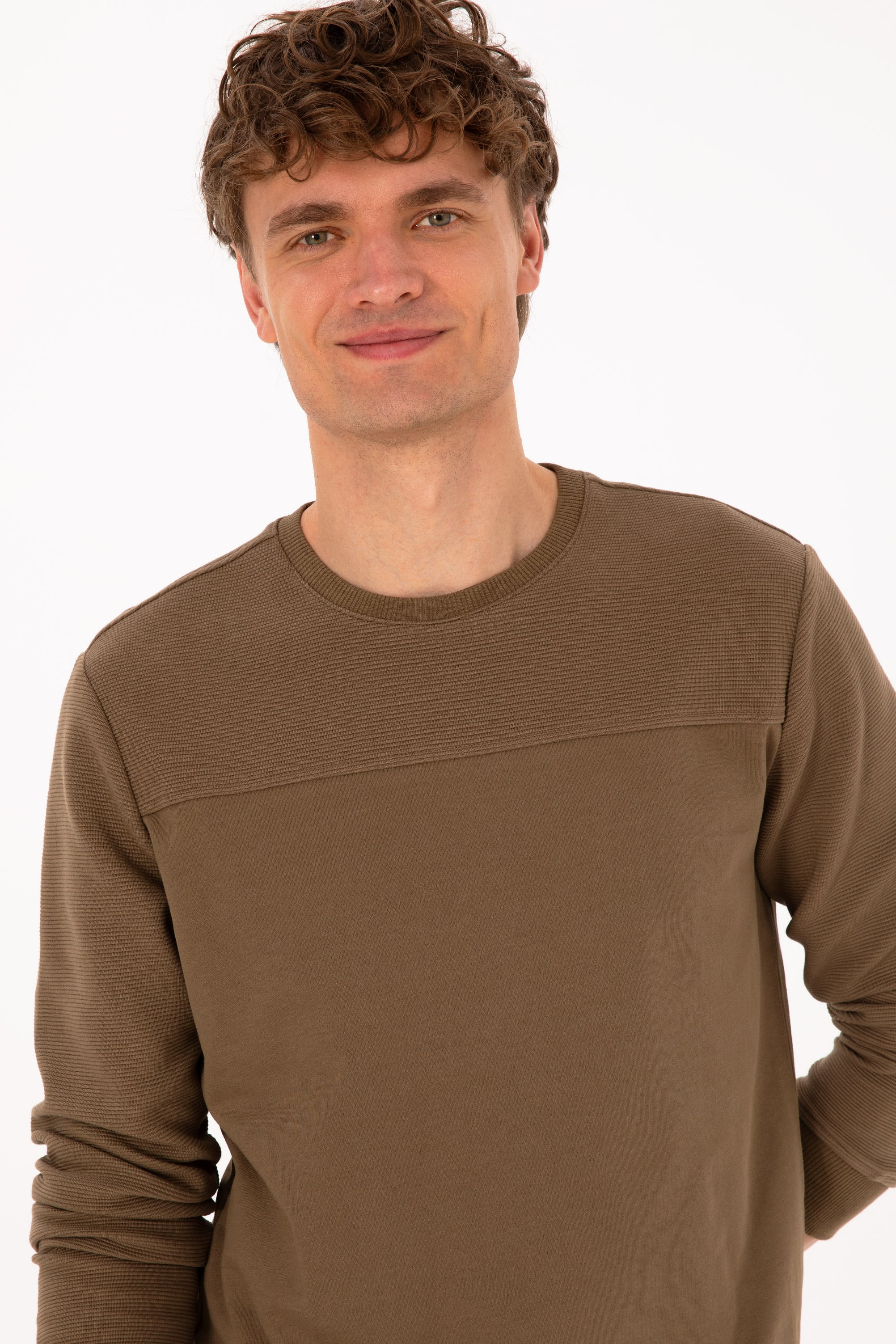 Erkek Bisiklet Yaka Regular Fit Haki İnce Sweatshirt - Image 2
