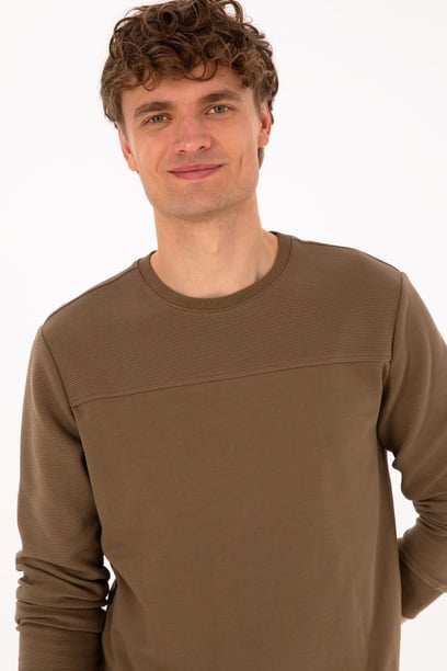 Erkek Bisiklet Yaka Regular Fit Haki İnce Sweatshirt