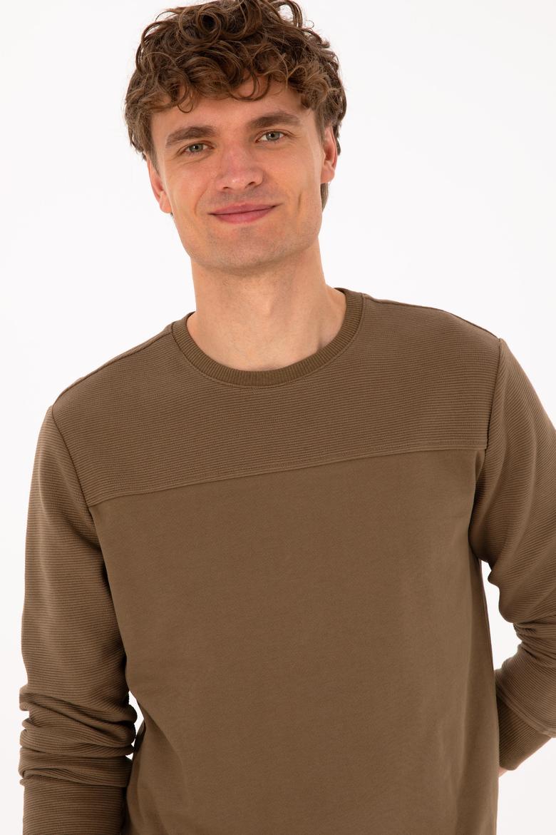 Erkek Bisiklet Yaka Regular Fit Haki İnce Sweatshirt - 50315455059